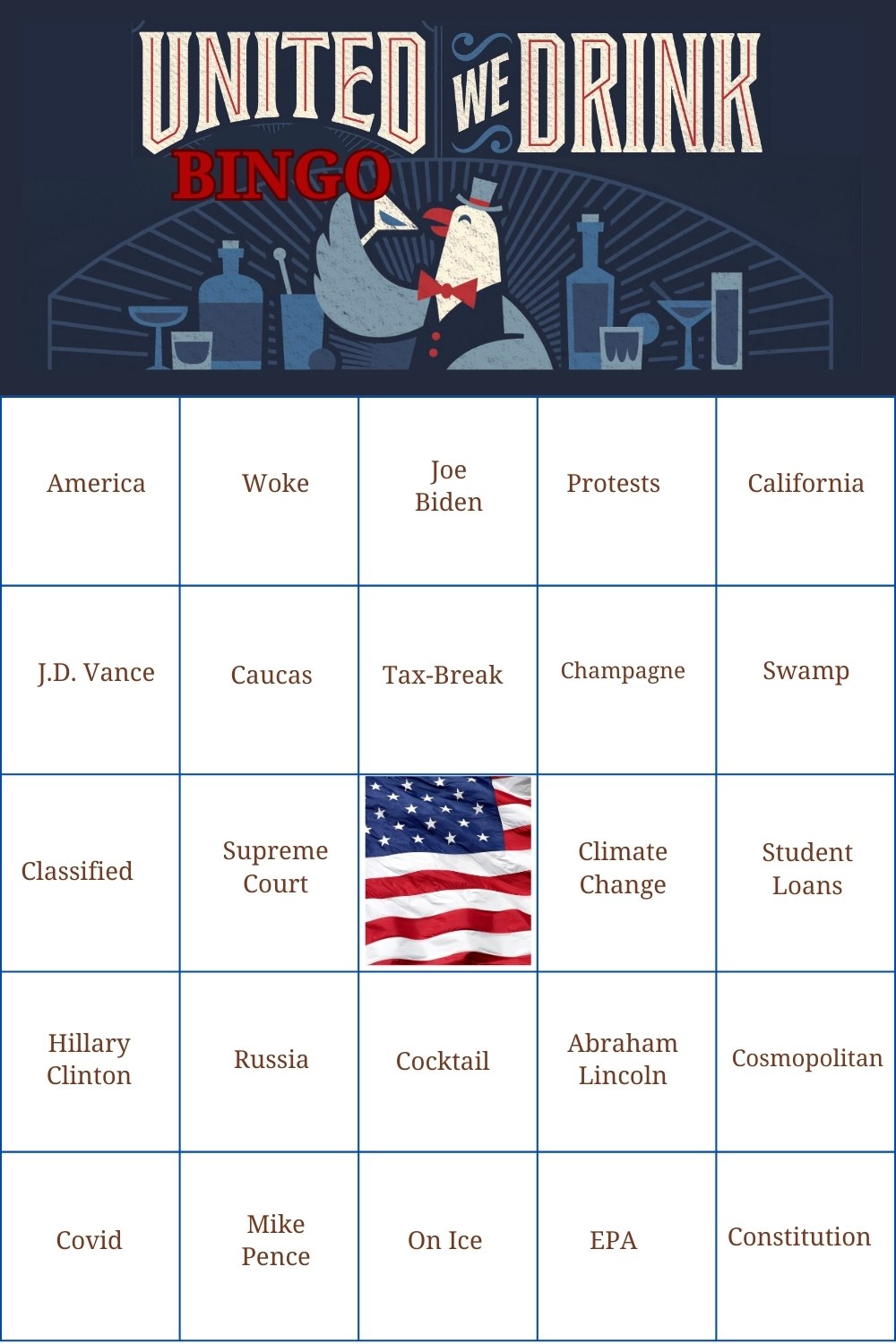United We Drink Bingo Card
